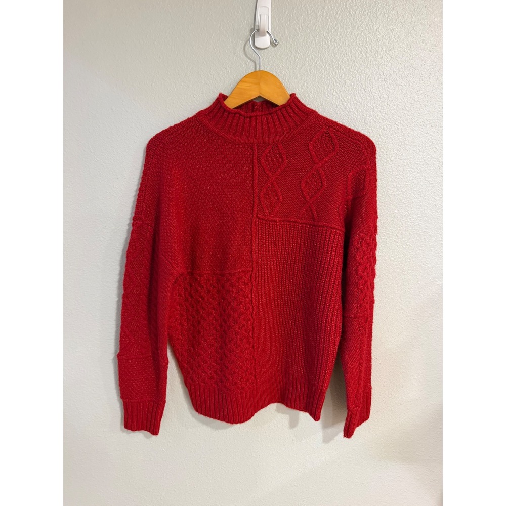 American Eagle Patchwork Knit Sweater Women XS Red Mock Neck Cable Textured